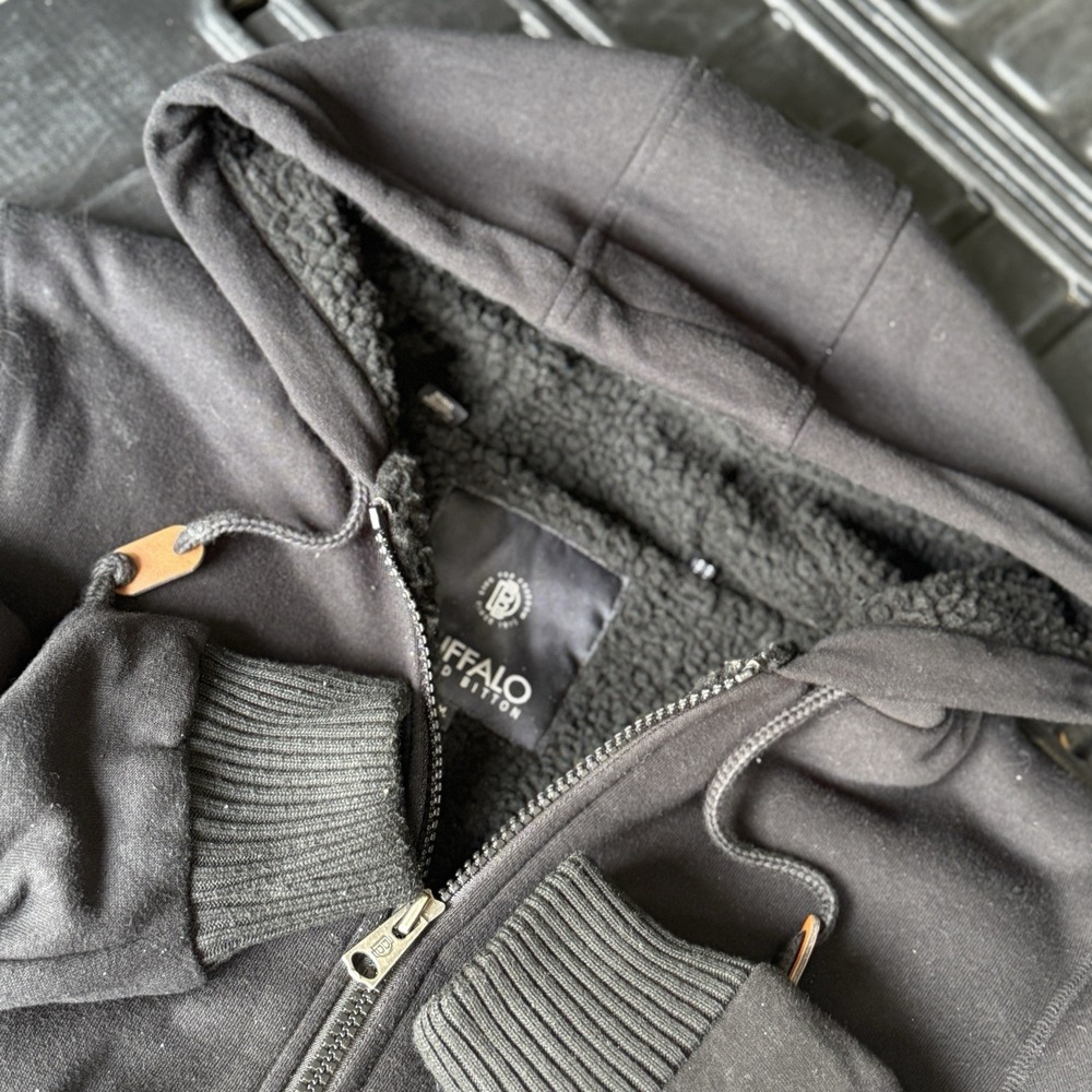Buffalo David Bitton Sherpa Lined Full Zip Hooded Sweatshirt Black Mens M